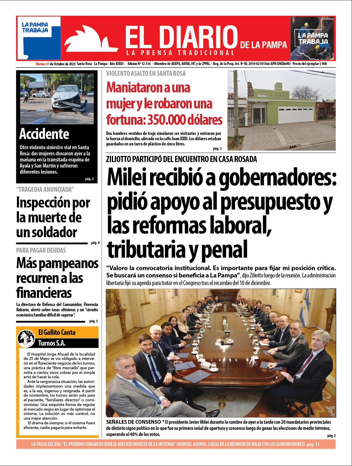 Tapa de El Diario en papel  viernes 31 de octubre de 2025